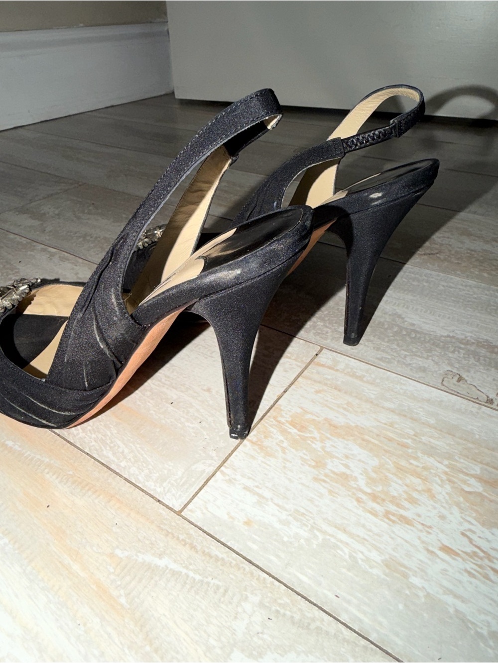 Jimmy Choo Black Satin Slingback Heels with Crystal Brooch - Picture 3 of 5